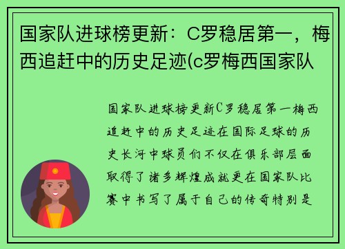 国家队进球榜更新：C罗稳居第一，梅西追赶中的历史足迹(c罗梅西国家队进球数)