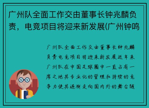 广州队全面工作交由董事长钟兆麟负责，电竞项目将迎来新发展(广州钟鸣简历)