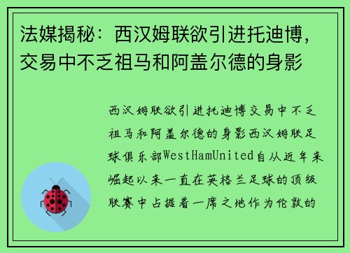 法媒揭秘：西汉姆联欲引进托迪博，交易中不乏祖马和阿盖尔德的身影